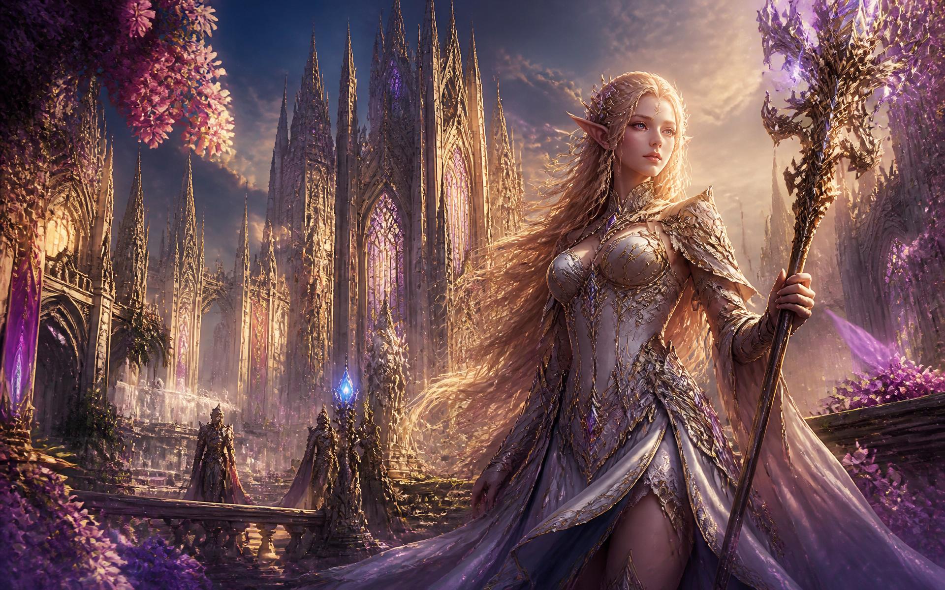 Elven mage in ornate armor before a gothic cathedral, Lineage 2 fantasy scene